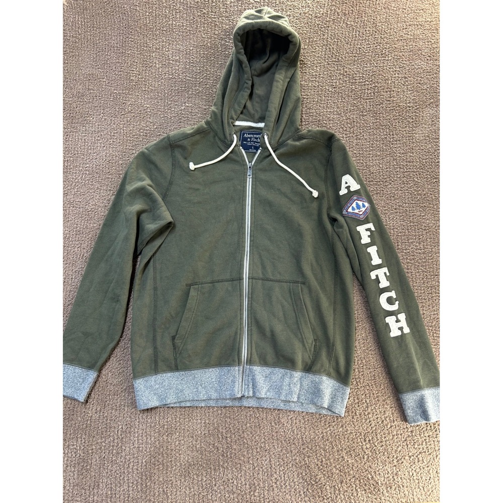 Abercrombie & Fitch Mens Full Zip Hoodie Green Gray Adirondack Patch Large